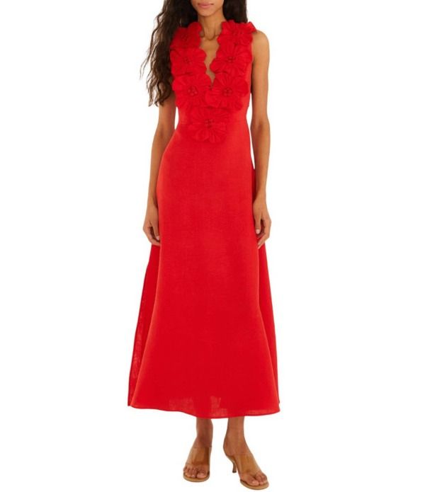 ファーム レディース トップス ワンピース Vネック ミディ ノースリーブ リネン Farm Rio Red VNeck Sleeveless 3D Flower Linen Midi Dress Red レッド