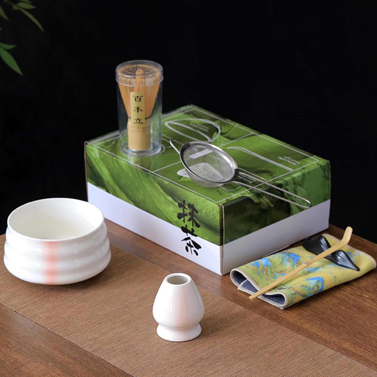 【新品】抹茶茶碗セット 茶道7点セット マッチャ ティー セット 茶道具 百本立 茶せん 竹製 茶筅・茶筅立て・茶杓・茶こし・抹茶茶碗 初心者向け お点前セット（ホワイト） dd797edd