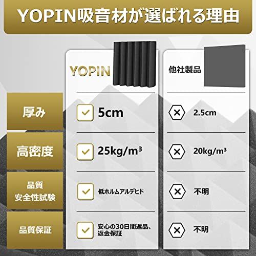 YOPIN 吸音材 30*30*5cm 極厚 ウレタンフォーム 吸音対策 室内装飾 楽器 消音 騒音 防音 吸音パネル 両面テープ付き (2.16?（24枚）, 黒(ウェッジ形))YZ 687b8e45