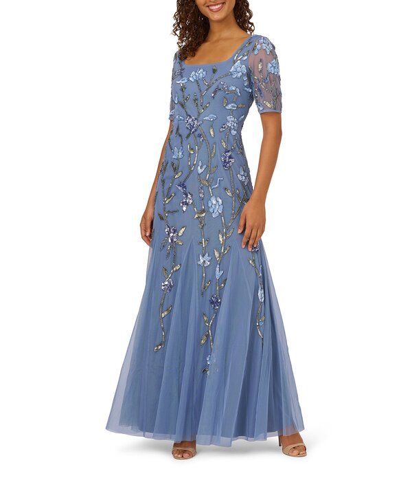 アドリアナ パペル レディース トップス ワンピース フラワー柄 プチ メッシュ フラワー Adrianna Papell Petite Size Floral Beaded Mesh Square Neck Elbow Sleeve Godet Gown F