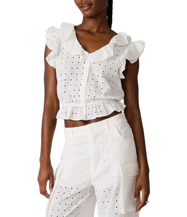 スティーブ マデン レディース トップス シャツ Vネック ノースリーブ 刺繍 クロップド Steve Madden Mayra Embroidered Eyelet VNeck Sleeveless Coordinating Cropped Top Whit
