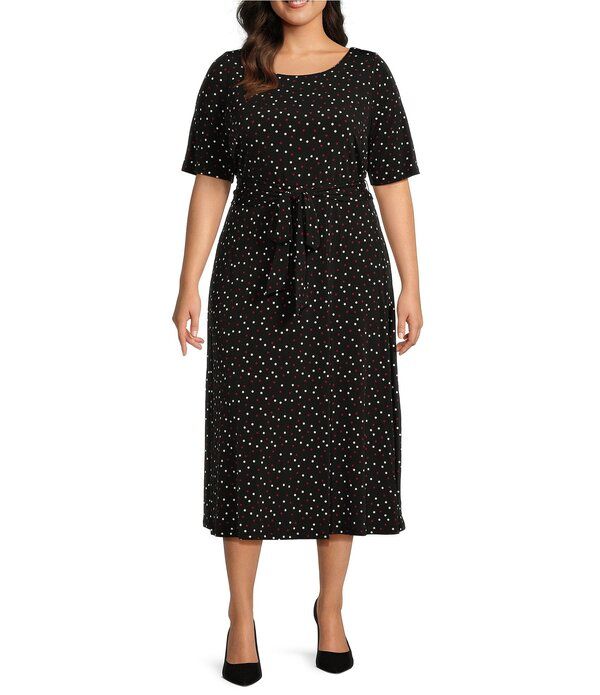 カスパール レディース トップス ワンピース クルーネック プラスサイズ ミディ Kasper Plusize Dotted Crew Neck Short Sleeve TieWaist Midi Dress Black Multi ブラック