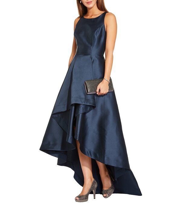 アドリアナ パペル レディース トップス ワンピース クルーネック ノースリーブ Adrianna Papell Crew Neck Cutaway Shoulder Sleeveless Mikado High Low Gown Midnight