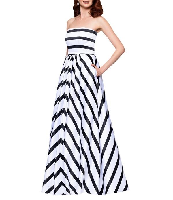 ベッツィアンドアダム レディース トップス ワンピース A ライン プリント サテン ストラップレス ノースリーブ Betsy Adam Satin Stripe Print Strapless Neck Sleeveless ALine Gown White
