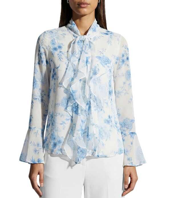 アンクライン レディース トップス シャツ プチ フリル ブラウス Anne Klein Petite Long Sleeve Blouse With Ruffle Tie At Neck Crisp White Multi ホワイト