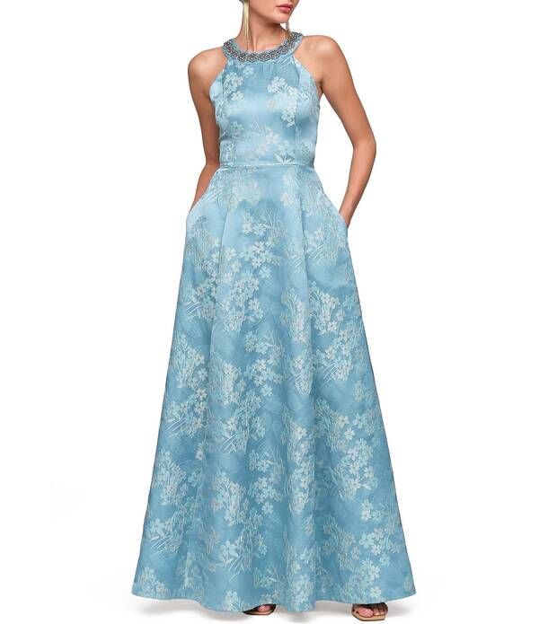 ジェイエスコレクションズ レディース トップス ワンピース A ライン ホルター JS Collections Donatella Halter Jacquard A Line Gown Adriatic Blue ブルー