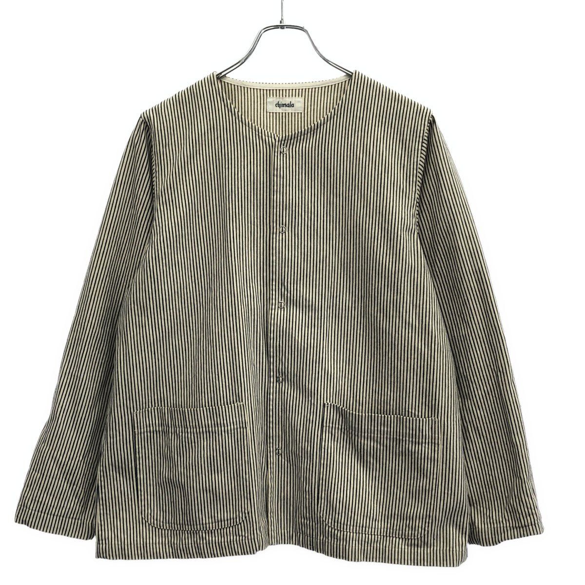 chimala チマラ ヒッコリーストライプノーカラージャケット 15-010-450-0048 ホワイト×ネイビー XS