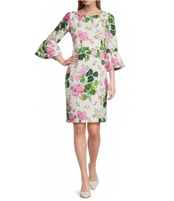 アイシーコレクション レディース トップス ワンピース フラワー柄 プリント ミディ フラワー ICollection Floral Print Round Neck 34 Bubble Sleeve Shift Midi Dress Multi マルチカラー