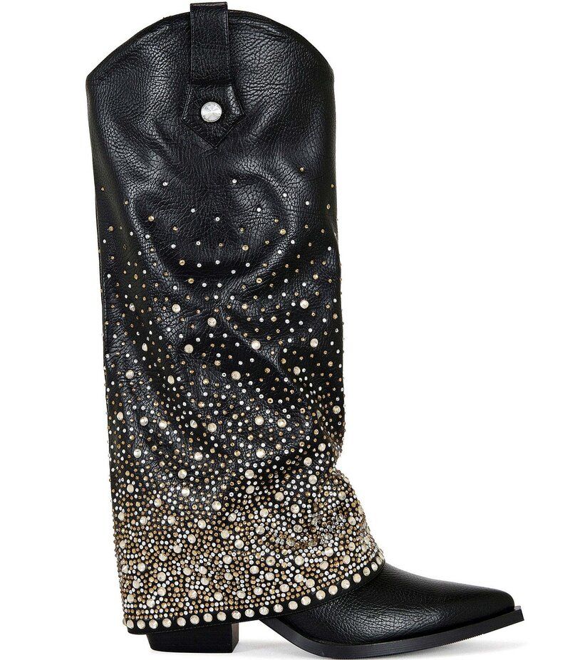 アザレア ワン レディース シューズ ブーツ・レインブーツ トール Azalea Wang Beth Rhinestone Fold Over Western Tall Boots Black ブラック