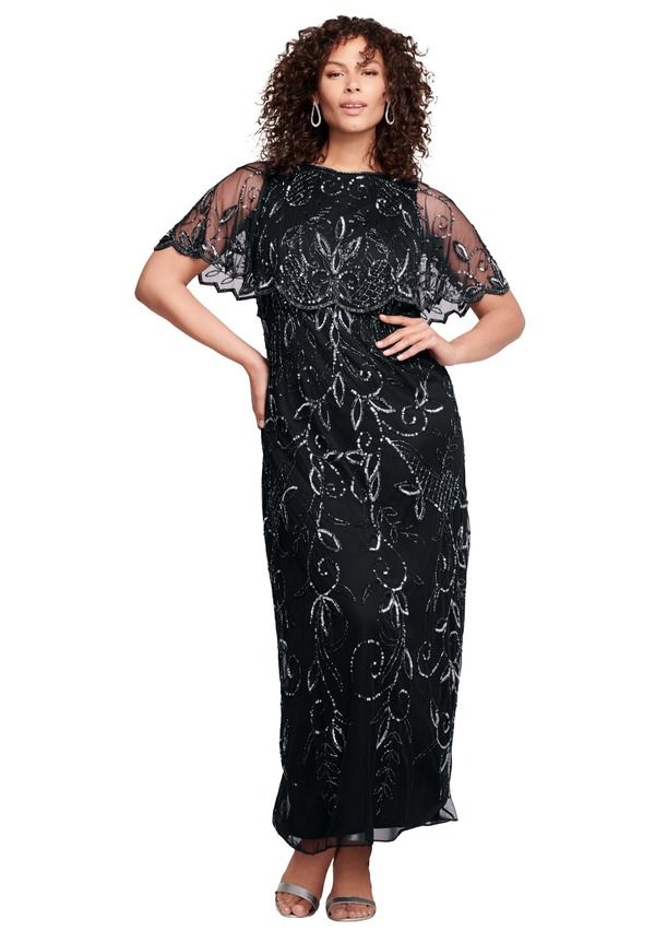 ロアマンズ レディース トップス ワンピース プラスサイズ キャップ ケープ マキシ Roamans Plusize Beaded Capelet Maxi Gown Glam Evening Dress Black ブラック