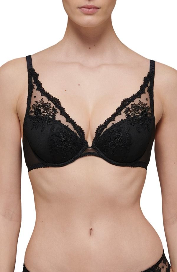 シモーヌペレール レディース アンダーウェア ブラジャー フラワー柄 刺繍 フラワー Simone Perele Intrigue Floral Embroidered Triangle Bra Black ブラック