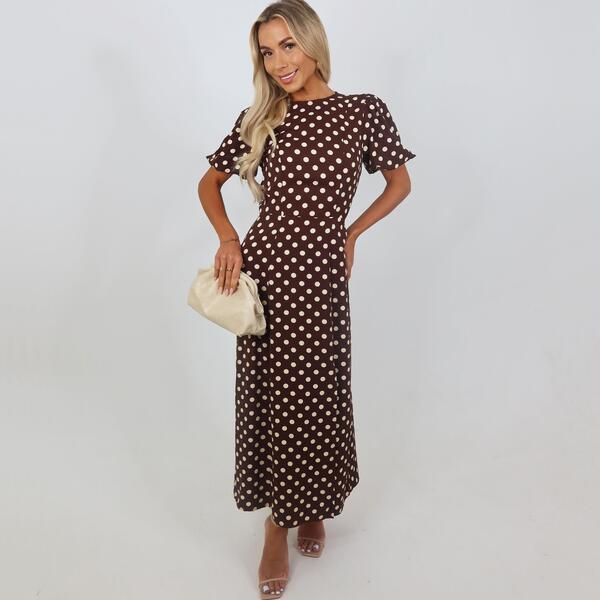 アックスパリ レディース トップス ワンピース ドット柄 ドット プリント ミディ AX Paris Chocolate Polka Dot Print Puff Sleeve Midi Dress Chocolate チョコレート