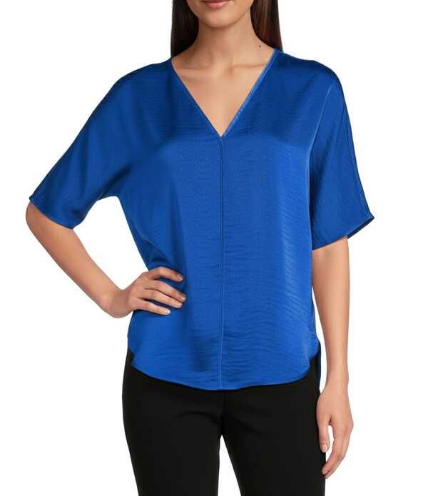 ダナキャラン レディース トップス シャツ Vネック ブラウス DKNY by Donna Karan Woven VNeck Short Sleeve Blouse Cobalt コバルト