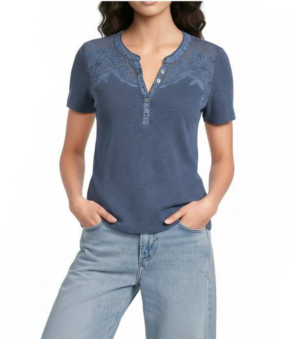 ラッキーブランド レディース トップス Tシャツ ニット Lucky Brand Knit Notch Neck Short Sleeve Top Night Shadow