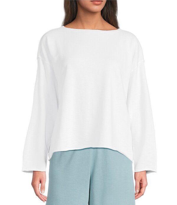 エイリーンフィッシャー レディース トップス Tシャツ パイル コットン Eileen Fisher Organicotton Terry Bateau Neck Long Sleeve Boxy Top White ホワイト