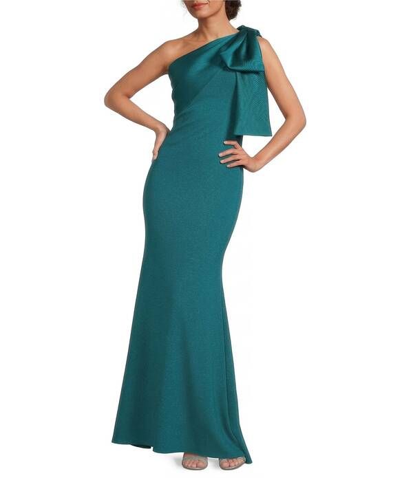 ベッツィアンドアダム レディース トップス ワンピース クレープ サテン スキューバ ノースリーブ Betsy Adam Satin Bow One Shoulder Scuba Crepe Sleeveless Mermaid Gown Teal ティール