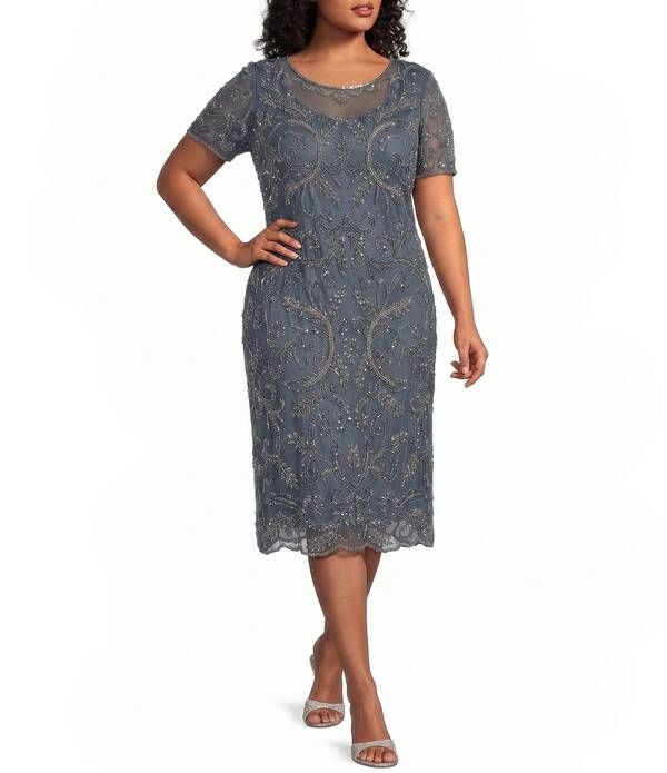 ピサッロナイツ レディース トップス ワンピース プラスサイズ メッシュ ミディ Pisarro Nights Plusize Beaded Meshort Sleeve Midi Gown Grey グレー