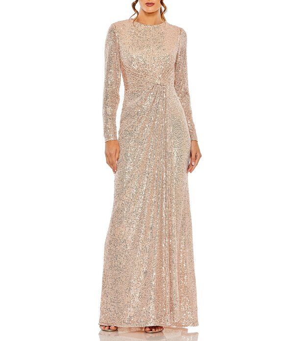 マックダガル レディース トップス ワンピースパンコール Mac Duggal Sequined Long Sleeve Side Knot Gown Rose Gold ゴールド