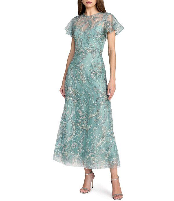 マックダガル レディース トップス ワンピース フラワー柄 刺繍 アンクル フラワー Mac Duggal Floral Embroidered Flutter Sleeve Ankle Dresseafoam