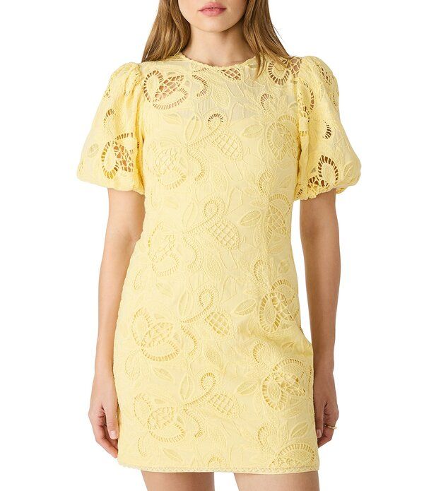 スティーブ マデン レディース トップス ワンピース クルーネック ミニ レース Steve Madden Elly Woven Lace Crew Neck Short Puff Sleeve Sheath Mini Dress Pale Yellow イエ