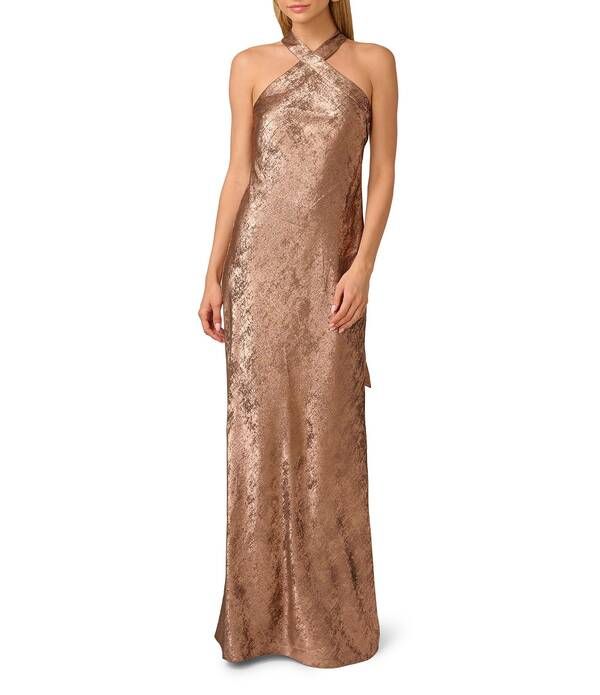 アドリアナ パペル レディース トップス ワンピース ノースリーブ ホルター Adrianna Papell Foiled Woven Halter Neck Sleeveless Back Neck Tail Sheath Dress Mocha モカ