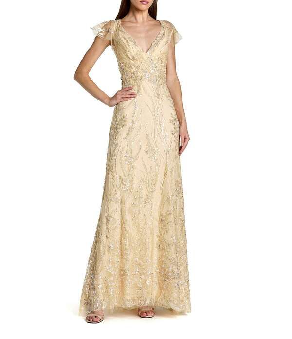 マックダガル レディース トップス ワンピース 刺繍 Mac Duggal Flutter Sleevembroidered Gown Gold ゴールド
