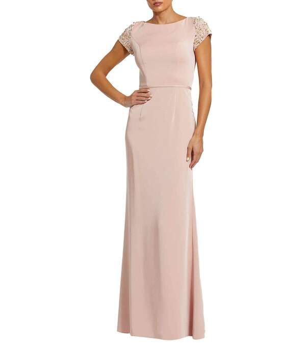 マックダガル レディース トップス ワンピース Mac Duggal Boat Neck Beaded Short Sleeve Column Gown Rose