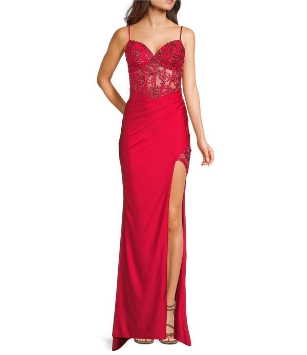 ビーダーリン レディース トップス ワンピース サイドスリット ノースリーブ レース B Darlin Sleevelessweetheart Neck Spaghetti Strap Illusion Lace Corset Side Slit Dress