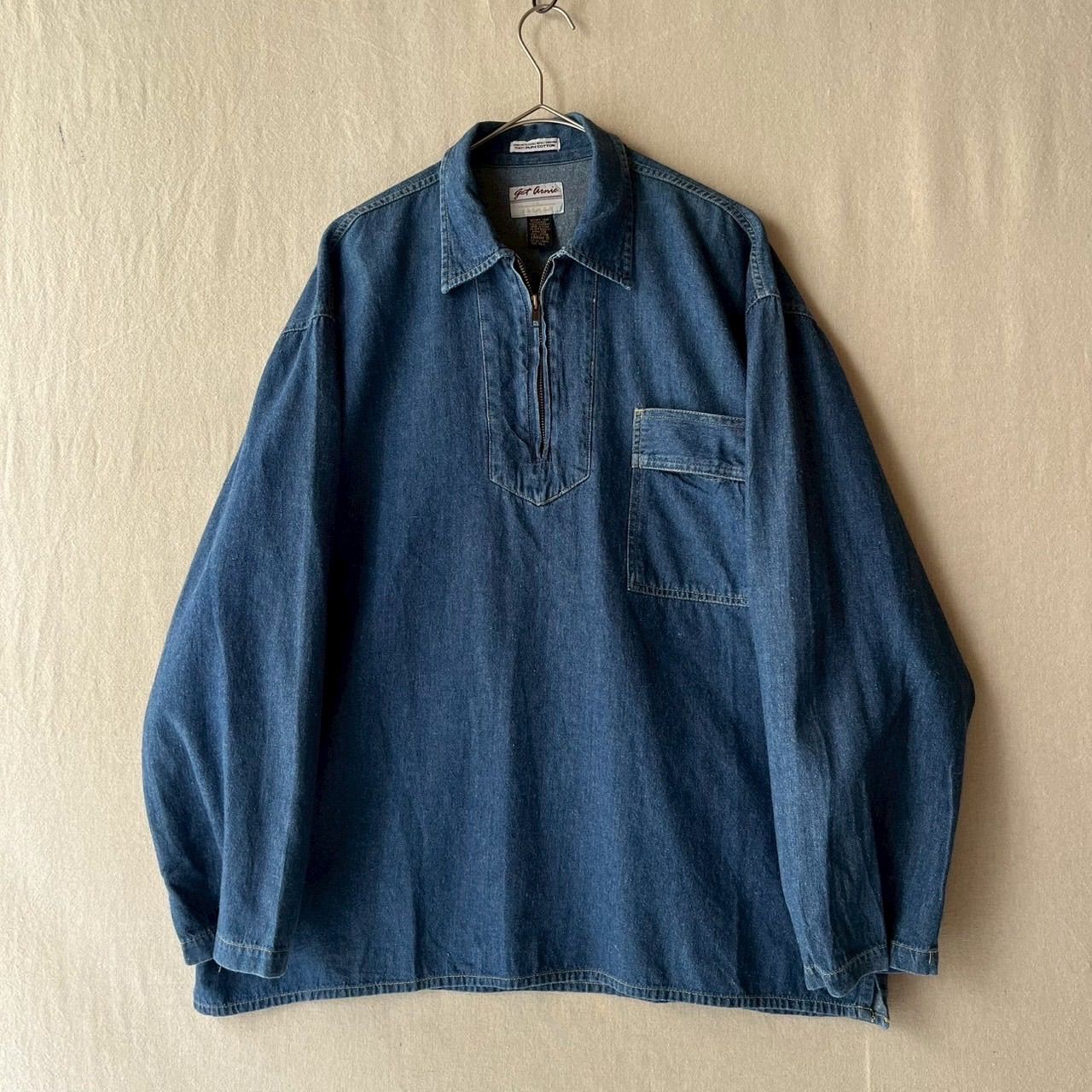 90s Vintage ハーフジップ デニム シャツ / ライトオンス コットン プルオーバー オープンカラー ボックス T6-04137-9220