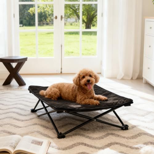 折りたたみ式ドッグベッド，携帯用の犬用ベッドです，小型犬用ペット用ベッドです，スチールフレーム 安定 耐久 通気性テスリン生地 スエードクッション付き ソフト エレベーテッド ペットコット 地面から離れ室内室外兼用 ブラック (57×57×2 cb6f1781