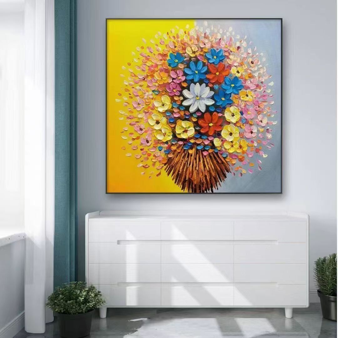 特選★極美品★手描き油絵の高級装飾画には花が彩りを添える