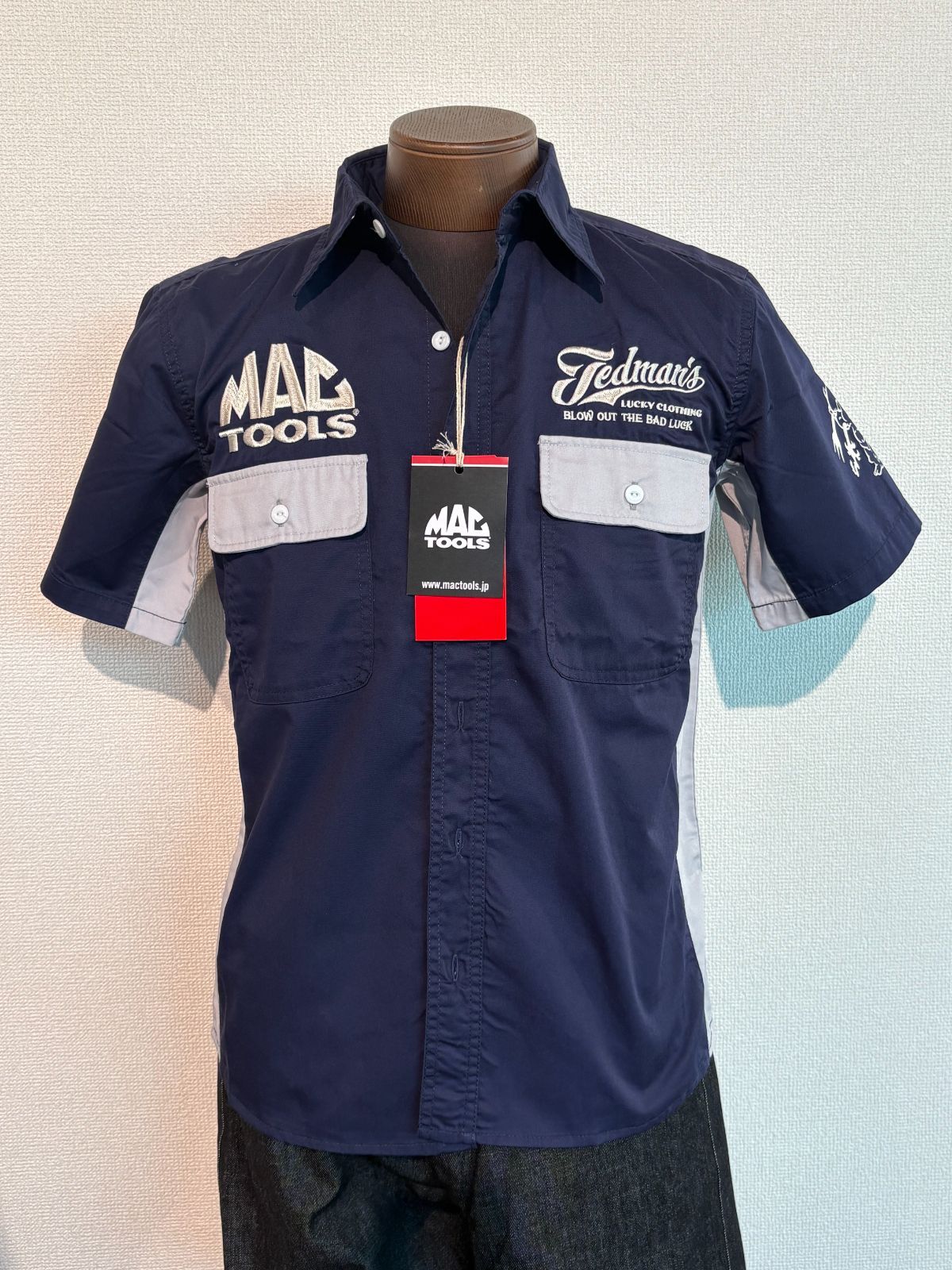 MACTOOLS×TEDMAN'S　Lucky Clothing　半袖シャツ　ネイビー/グレー　M　メンズ　アメカジ　カジュアル　ストリート　ペインター　マックツール　テッドマン　バイク　バイカー　ガレージ　工具