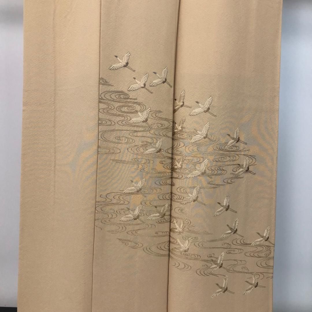 付下げ 飛翔鶴に流水 刺繍 金糸 ますいわ屋 東京白茶色 縮緬 K-5837 