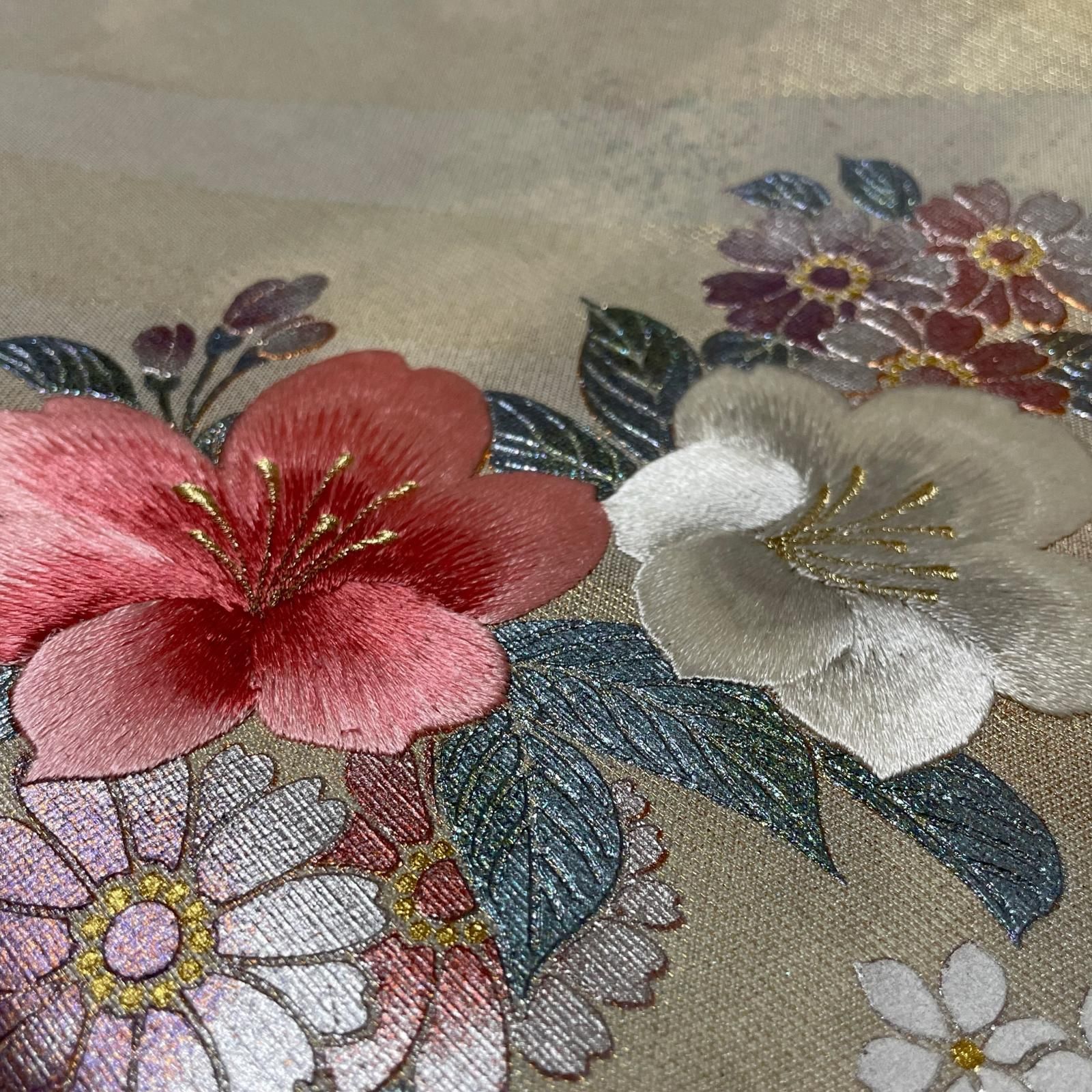 名古屋帯 刺繍 箔押し 美しい花模様 九寸 正絹 着物 X-3361