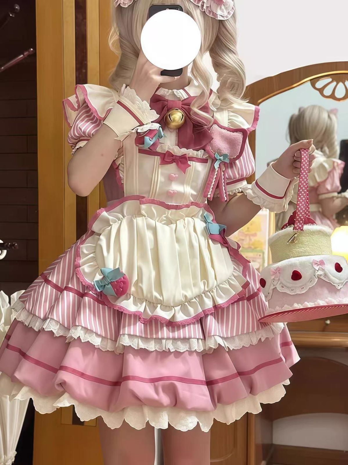 甘ロリ ストライプケーキスカート OP ワンピ ピンク × アイボリー リボンレース付き メイド風ロリータ