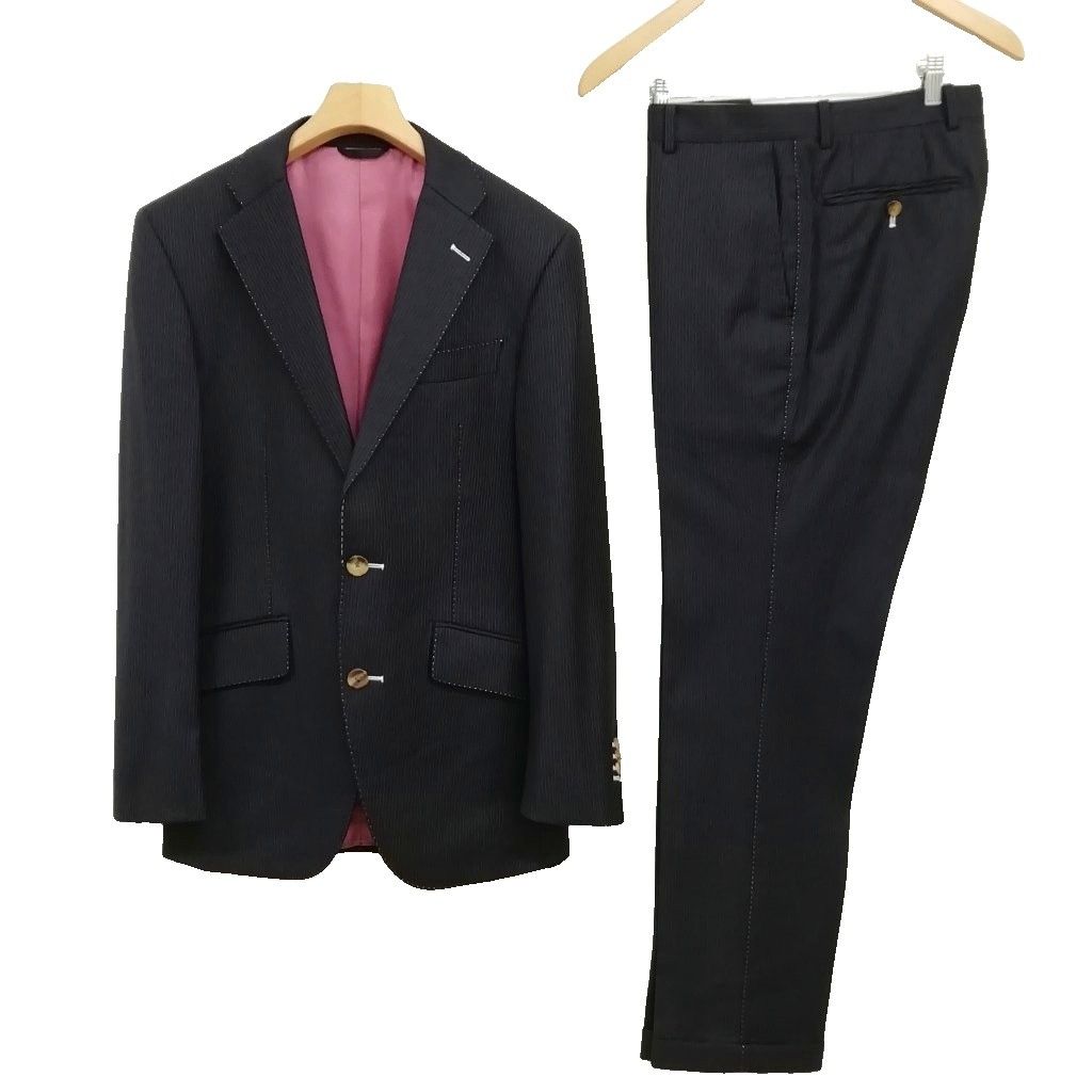 azabu tailor 麻布テーラー 150's ロロピアーナ生地 ストライプ シングル 2B スーツ セットアップ 44 / 76 ブラック