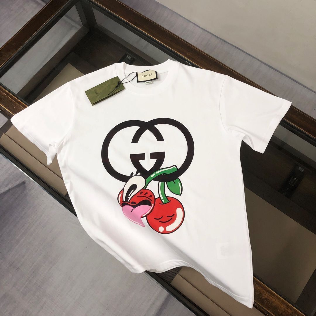 【本日限定特価】GUCCI 夏季新款 カップル用 綿100% クルーネックTシャツ ブラック/ホワイト [本日特価|新品未使用品]