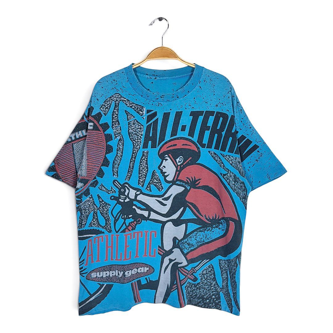 90s バイシクルレース 自転車 総柄 ヴィンテージ Tシャツ スポーツバイクギア オールテレーン ボックスシルエット ブルー シングステッチ サイズXL相当 BZ0598