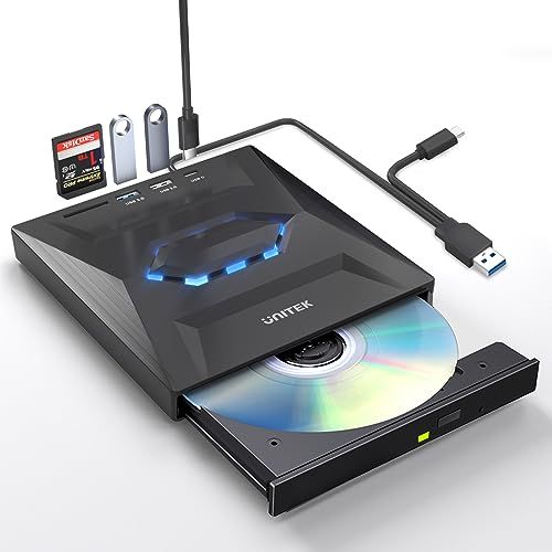 R★Unitek ライト点灯改良バージョン ゲーム機式 多機能 外付けCD・DVDドライブ USBハブ機能搭載 USB 3.0/Type Cポート付き ポータブルドライブ 読み込み・書き込み SDカードリーダー 【Windows 11/10/ 721233c7