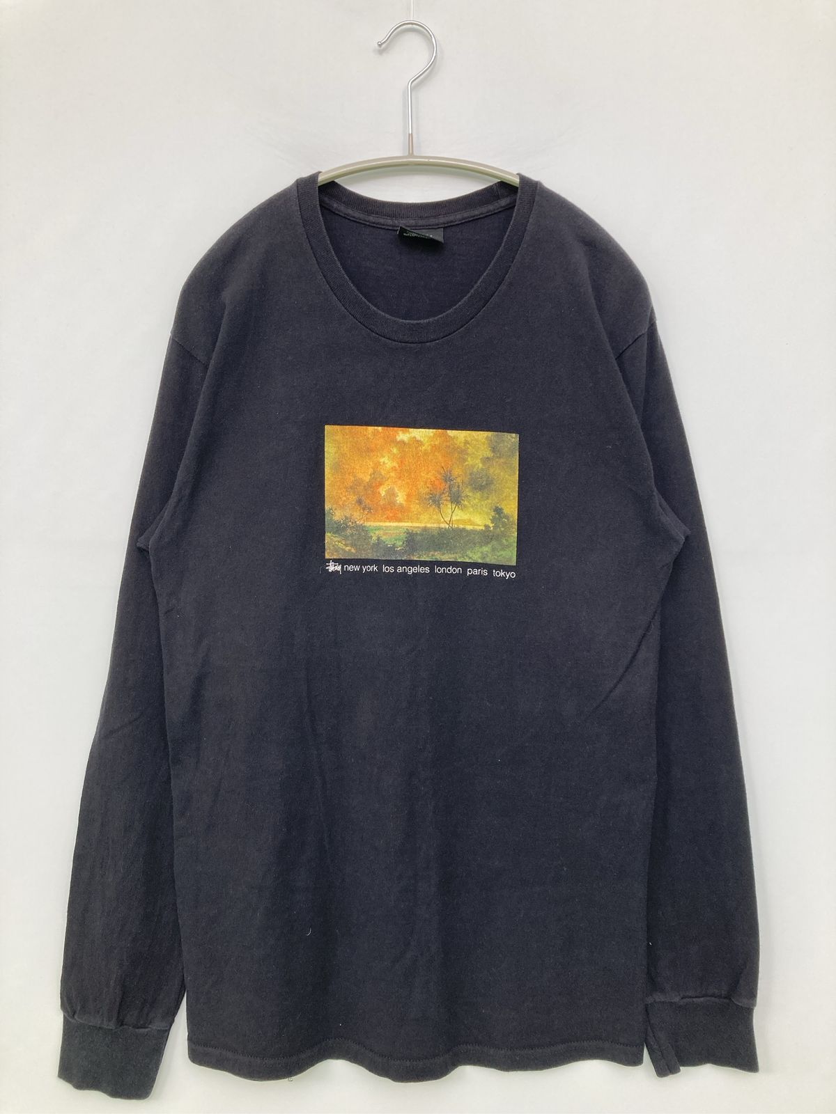 stussy ステューシー Tシャツ/カットソー M ブラック 前面プリント ブランドロゴ ミドル丈 長袖 クルーネック(丸首) メンズ レディース