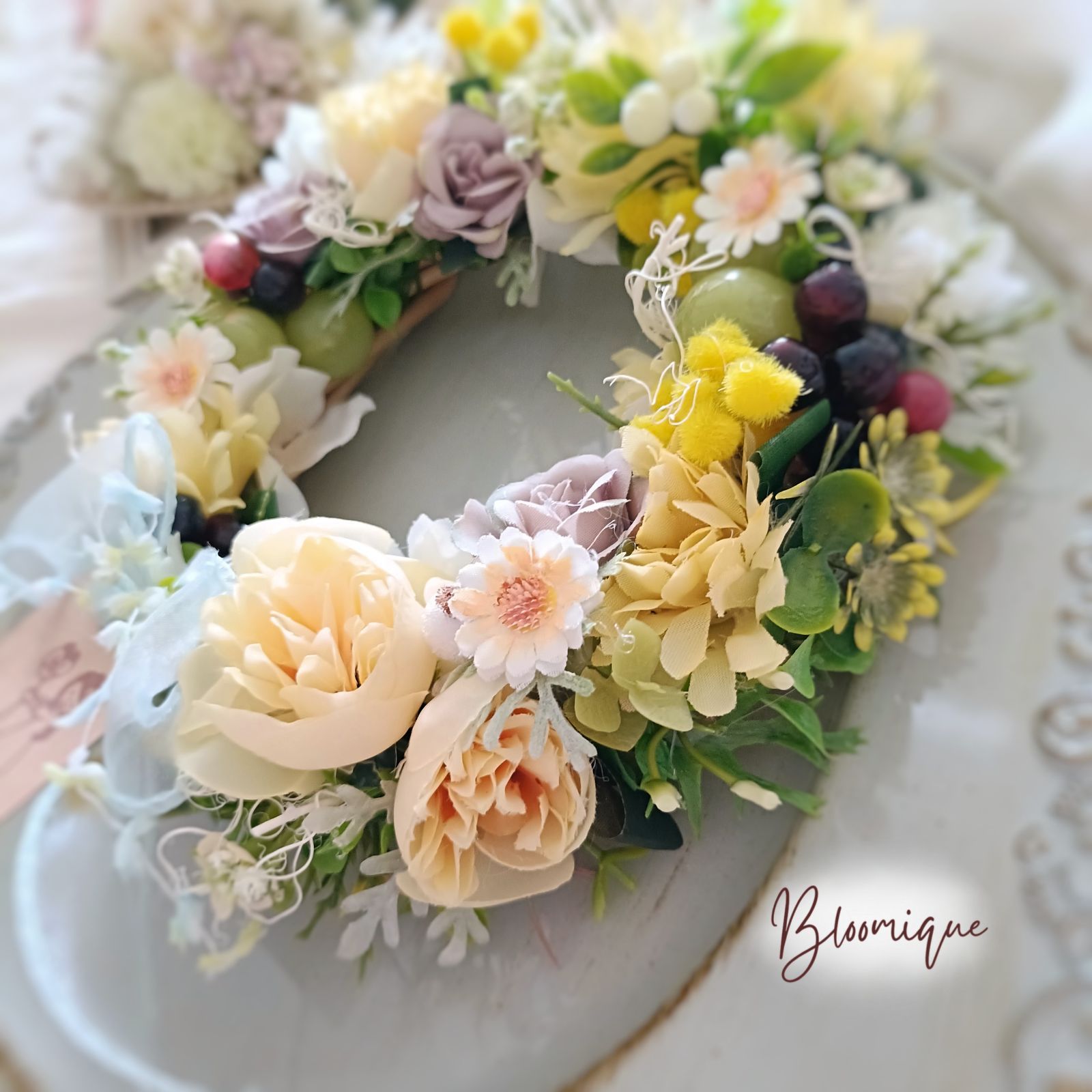 葡萄とミモザの初夏リース 玄関リース 夏リース 紫陽花 薔薇 - メルカリ