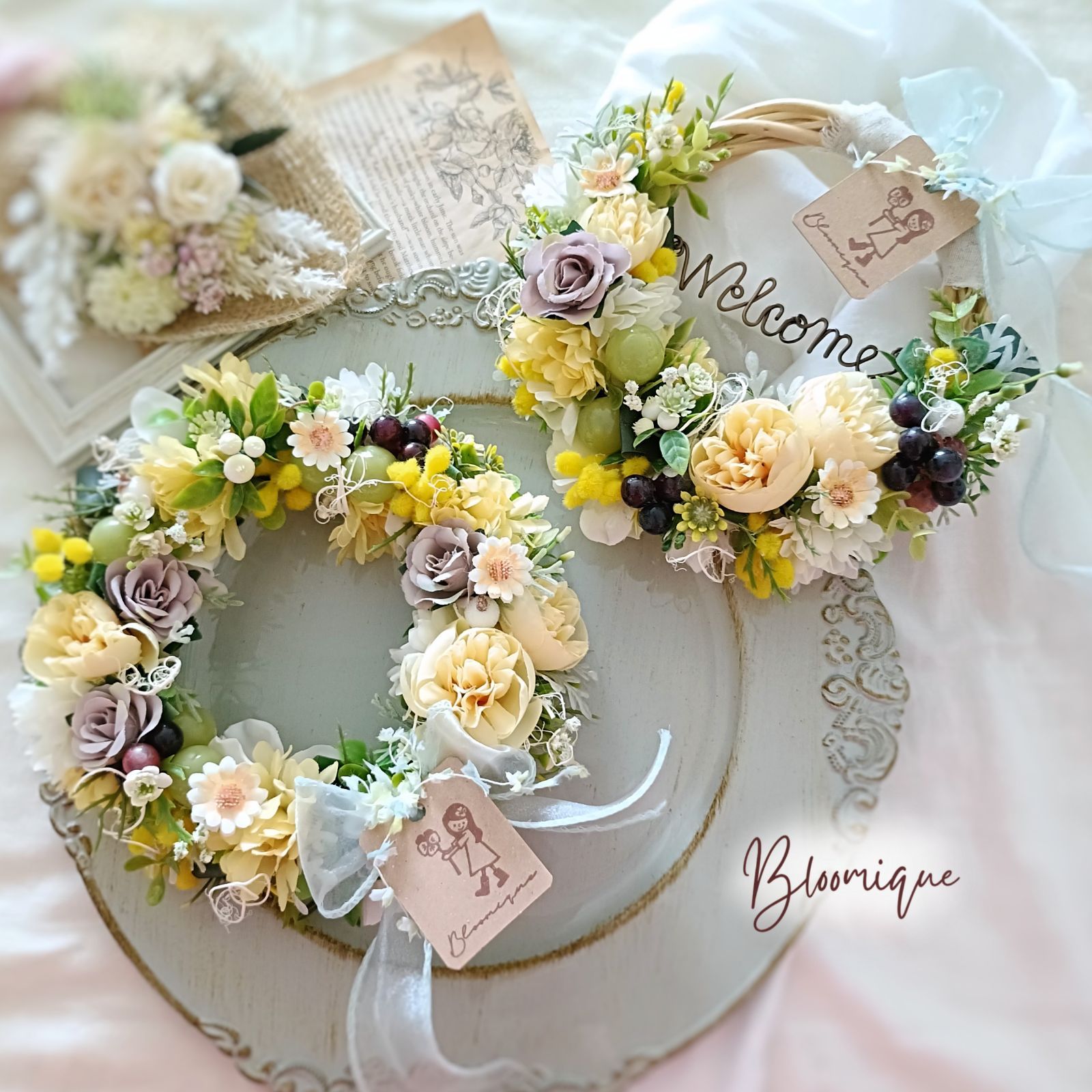 葡萄とミモザの初夏リース 玄関リース 夏リース 紫陽花 薔薇 - メルカリ