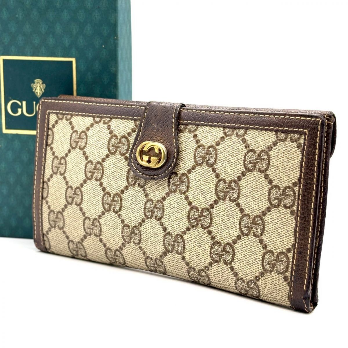 【時を越えて選ばれる】 GUCCI 長財布 GGスプリーム インターロッキング Wホック オールドグッチ ヴィンテージ ブラウン