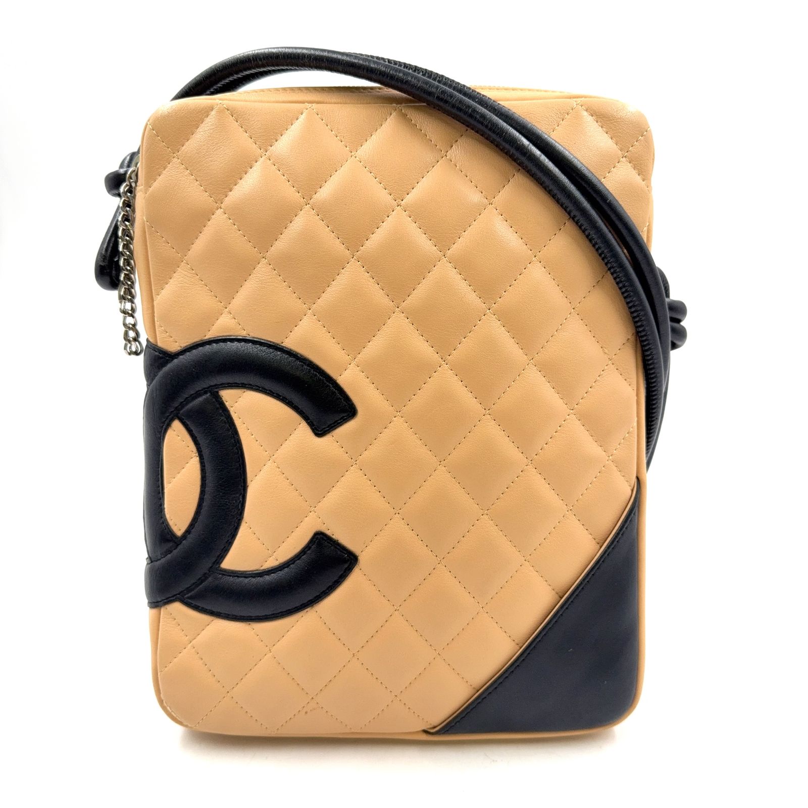 【新着】CHANEL カンボンライン シリアル番号9番台 ラムスキン ブラック、ベージュ ショルダーバッグ シルバー