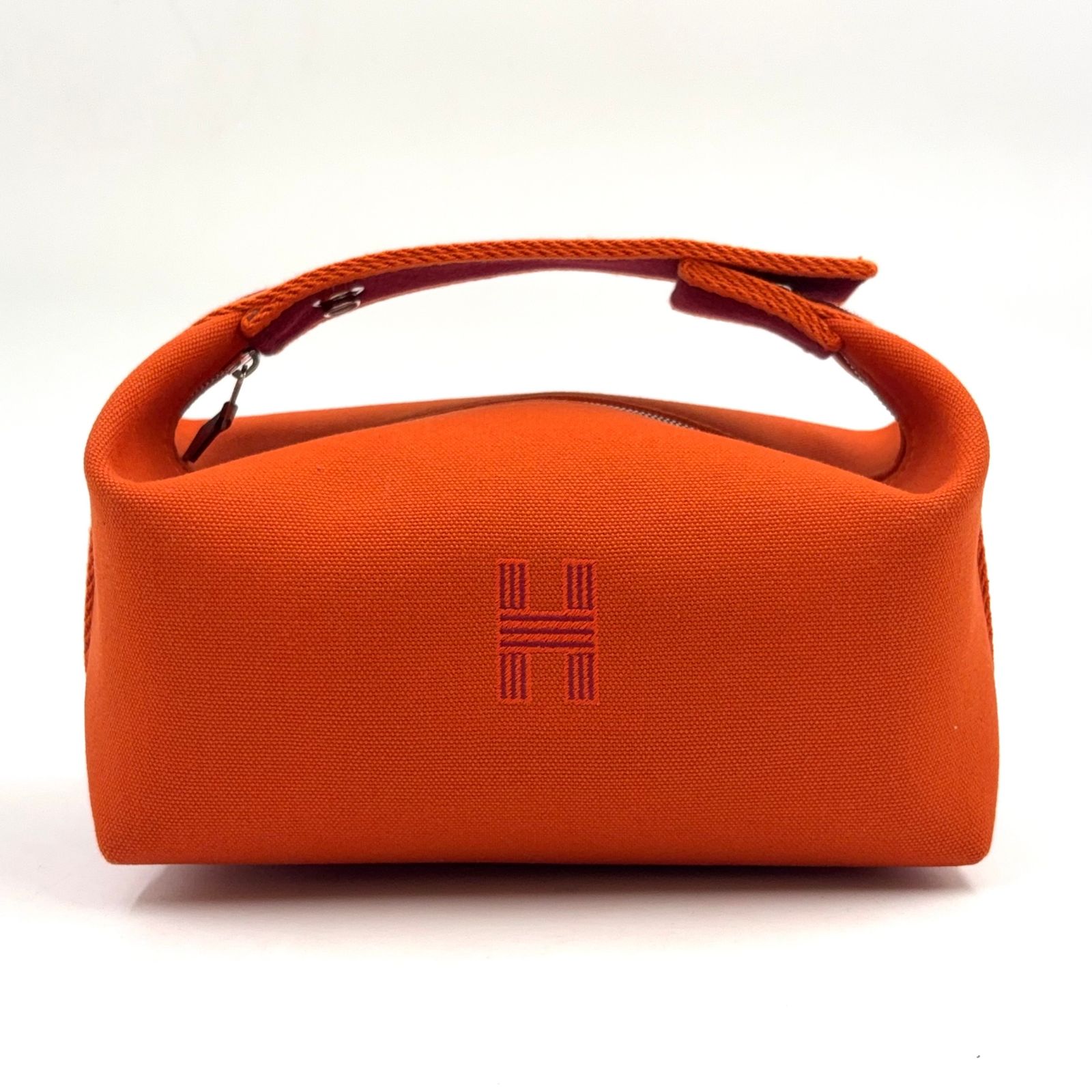 【新着】HERMES ブリッドアブラック PM ポーチ キャンバス オレンジ ハンドバッグ シルバー