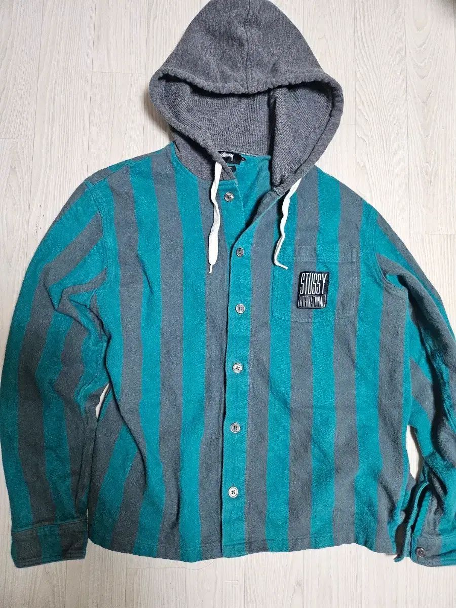 STUSSY 16fw ブルー ストライプ WHO フーディー フランネル シャツ ジャケット