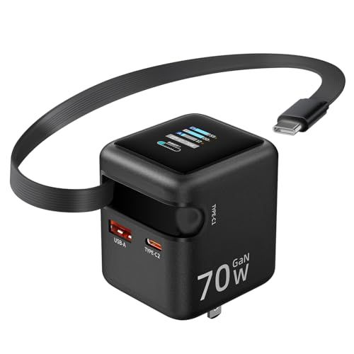 R◆70W 充電器 巻き取り式 pd 充電器「単ポートPD70Ｗ・ LCDディスプレイ搭載 ・Type-C ケーブル内蔵」3台充電可能 USB-C＆USB-A 折畳式プラグ PSE認証 iPhone17/16/iPad/Galaxy/Swit 97b5f502