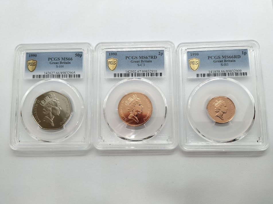 【3点セット】PCGS イギリス MS66 50ペンス MS67RD 2ペンス MS66RD 1ペニー