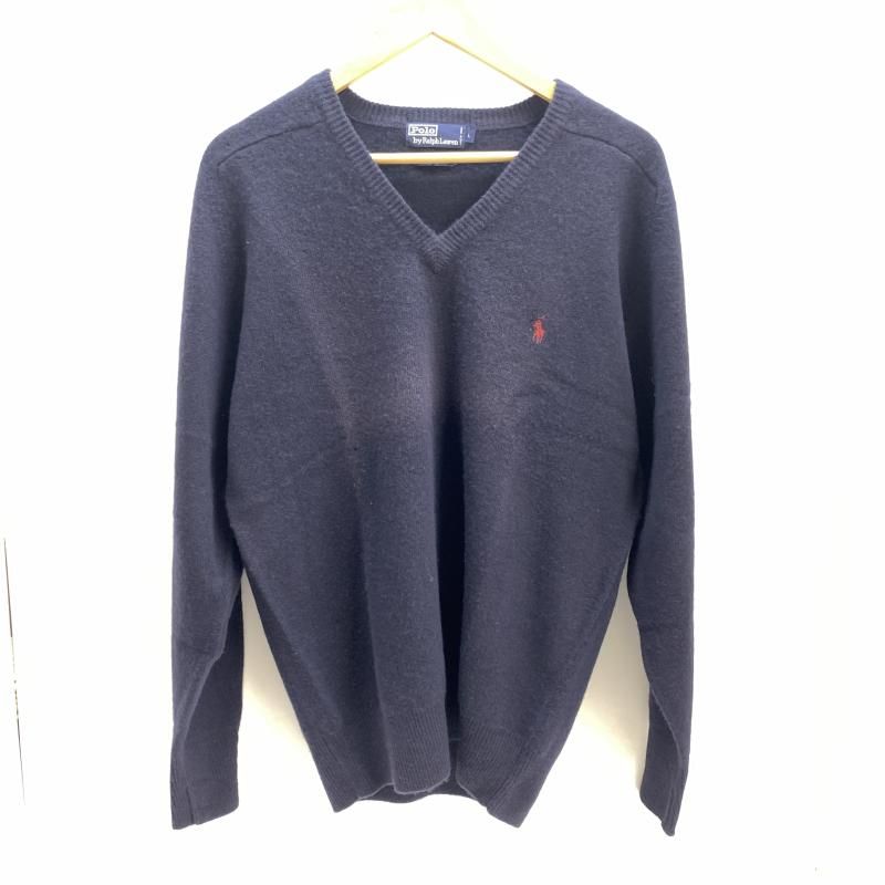 【中古】POLO RALPH LAUREN ラムウール Vネックセーター ラグラン L ネイビー ▲色褪せ、穴あきあり ポロラルフローレン[92]