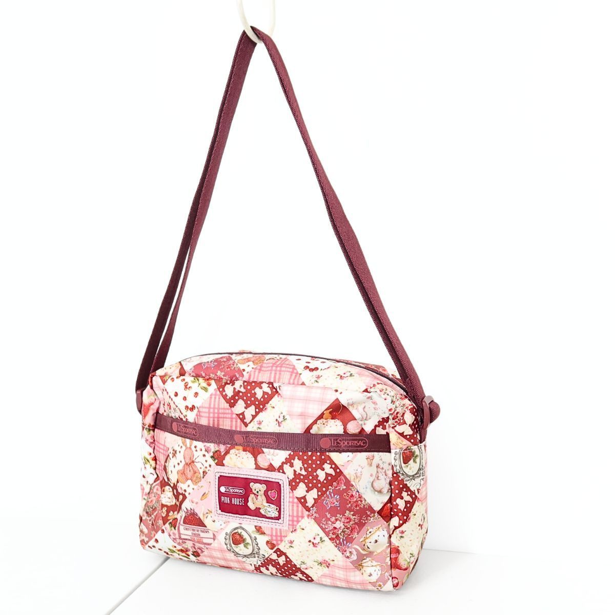 【美品】レスポートサックx ピンクハウス ★可愛い！パッチワークpt バッグ コンパクトショルダー 赤系＊ba177